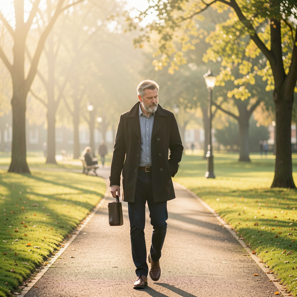 Man walking through a bright Leeds park in early morning light while reflecting quietly — Drenvek editorial
