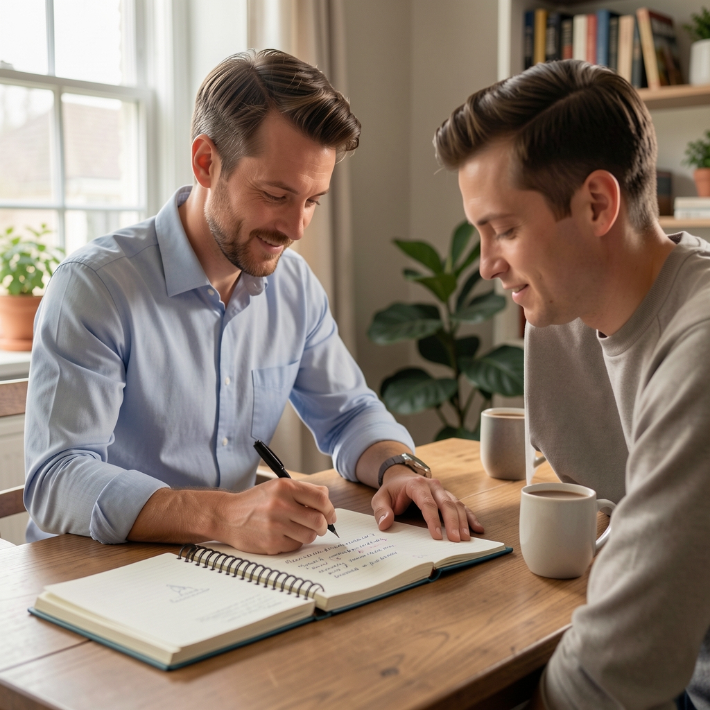 Man writing goals beside a notebook and coffee in a calm home workspace — Drenvek editorial