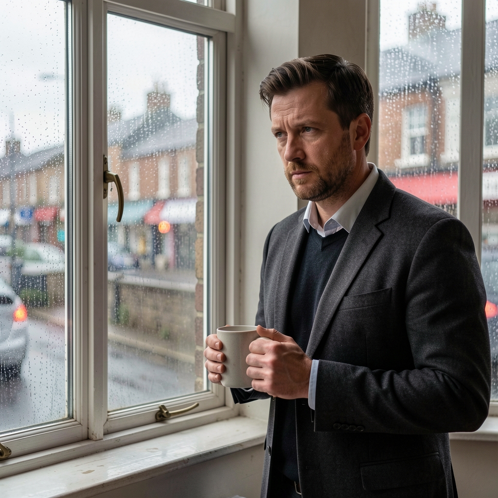 Man standing beside a rainy Leeds window with a mug in hand and thoughtful expression — Drenvek editorial